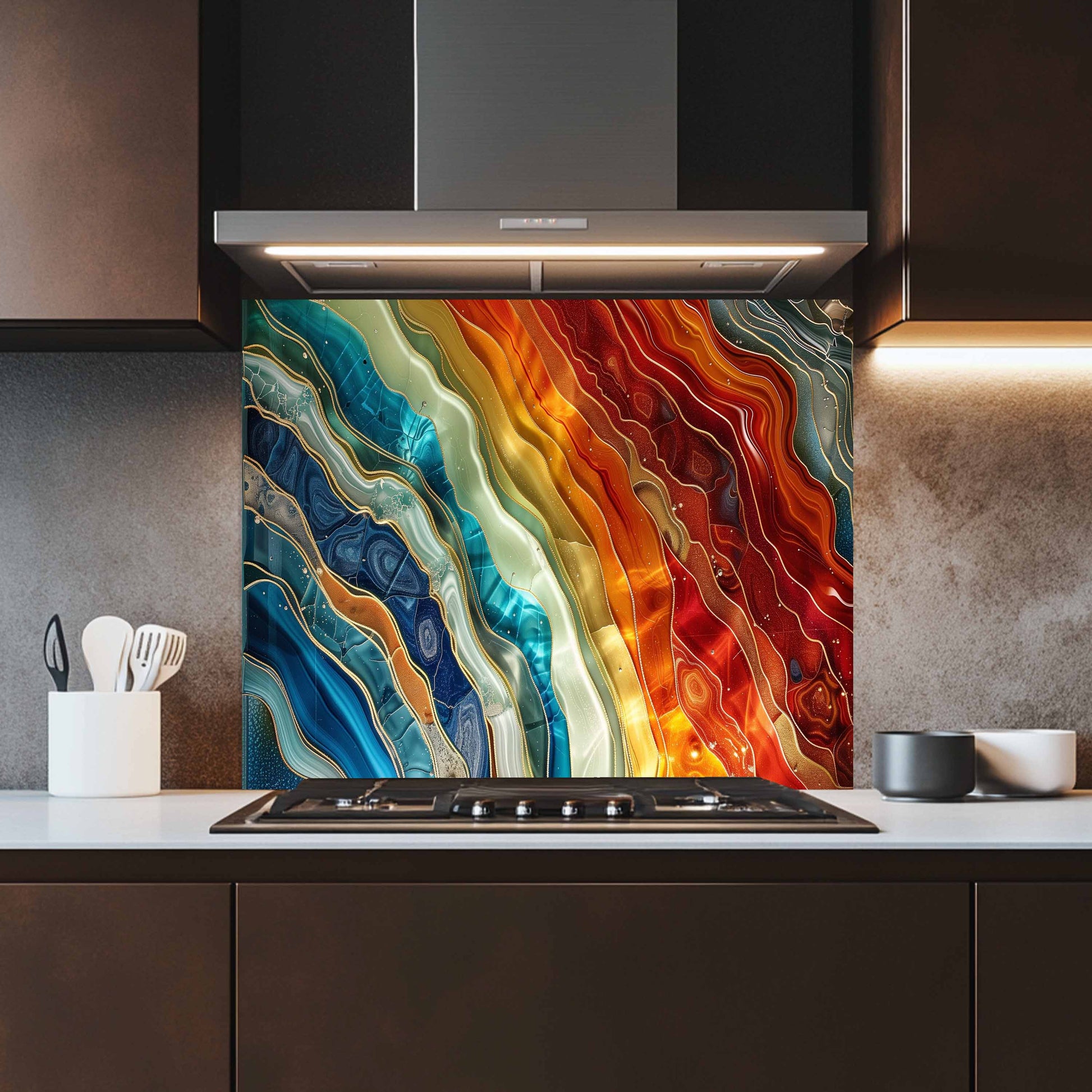 Kitchen with a colorful glass splashback behind a stove