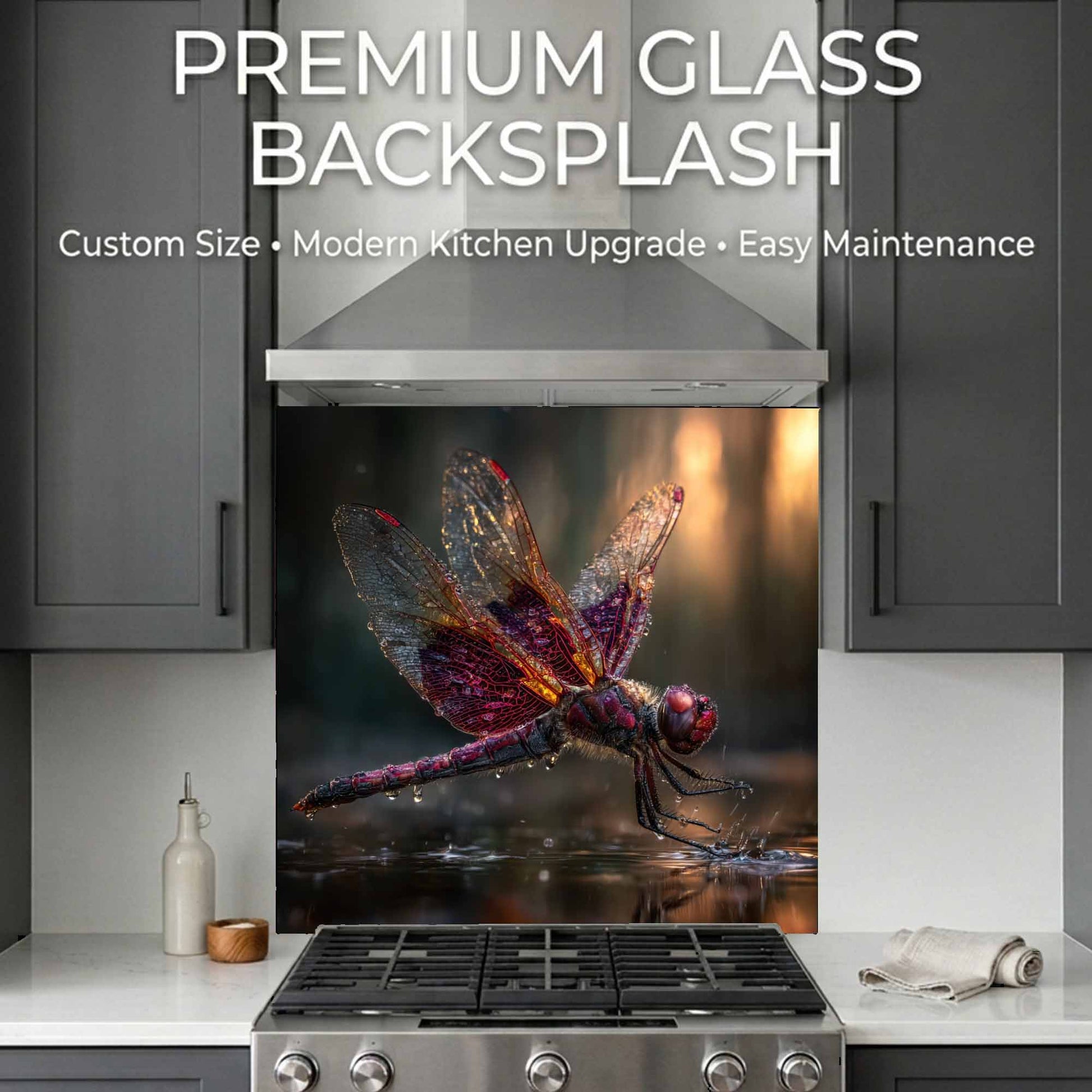 Kitchen with a dragonfly design glass backsplash, featuring text about premium glass backsplash.