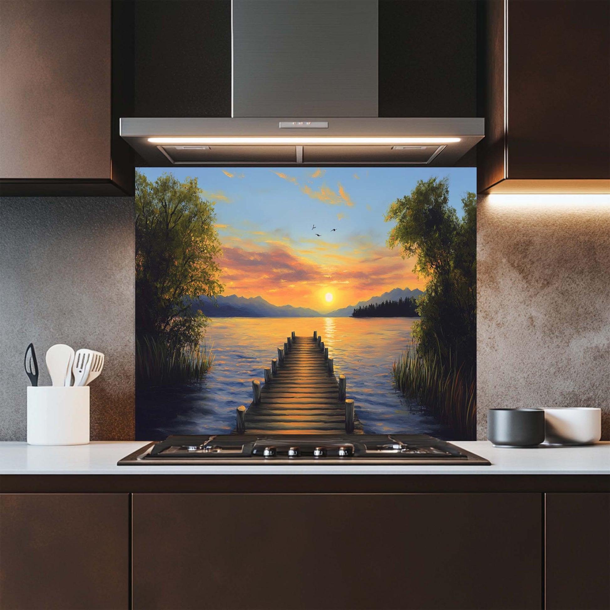 Kitchen with a decorative glass splashback featuring a sunset over water scene.