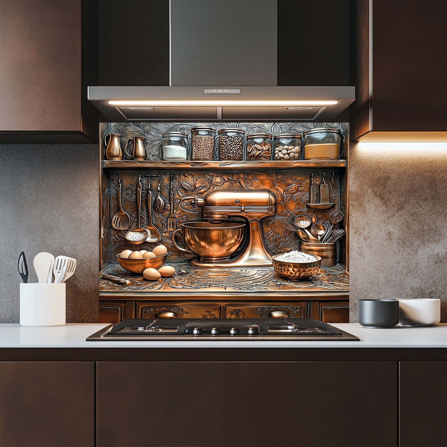 Modern kitchen with glass backsplash featuring a mixer and utensils.