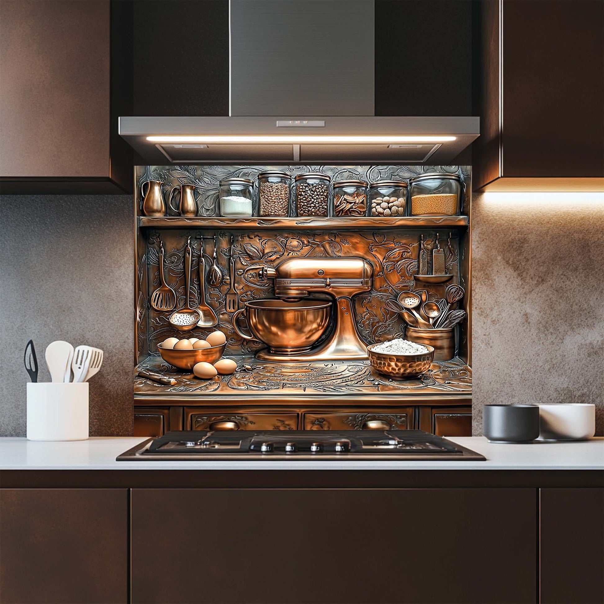 Modern kitchen with glass backsplash featuring a mixer and utensils.