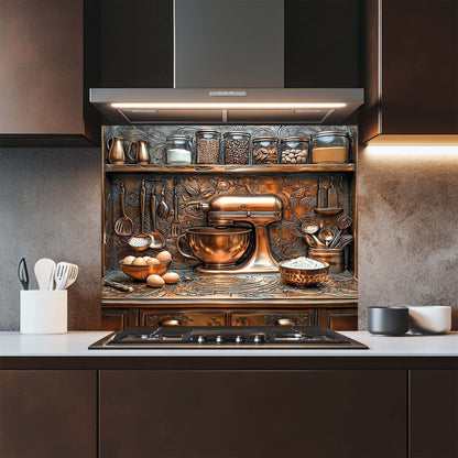Modern kitchen with glass backsplash featuring a mixer and utensils.