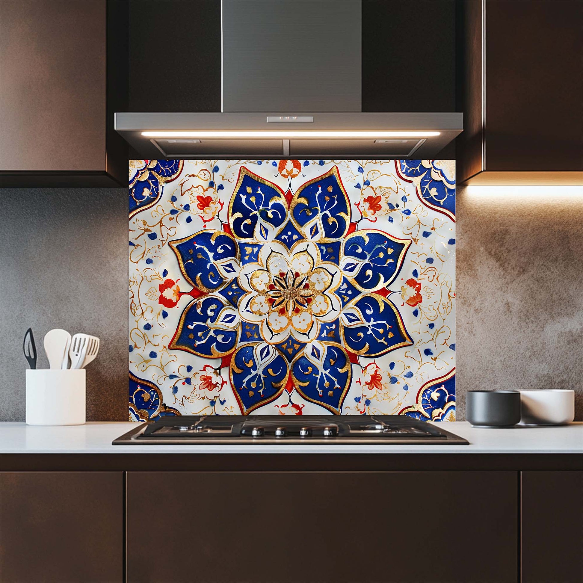 Decorative glass backsplash with a colorful geometric pattern in a kitchen setting.