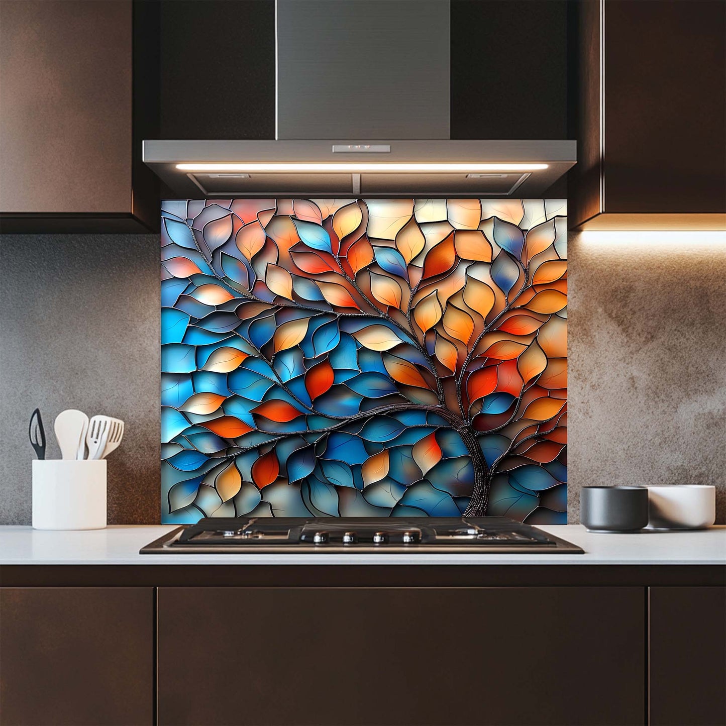 Kitchen with a colorful glass splashback behind a stove