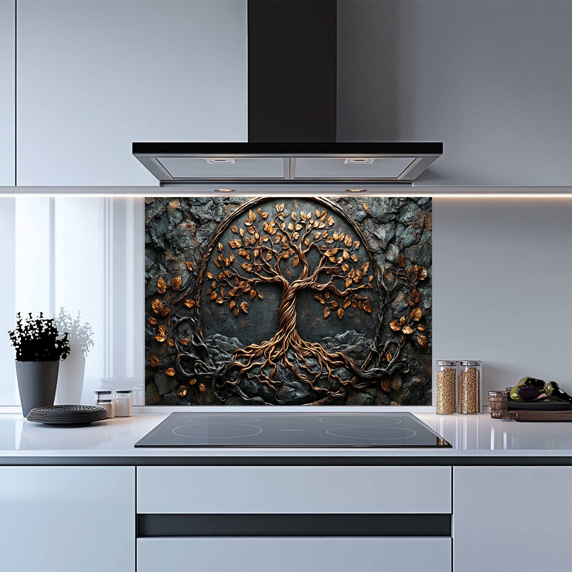 Decorative glass splashback with tree design in a modern kitchen