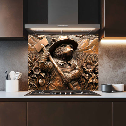 Decorative glass backsplash with a bear holding an axe in a kitchen setting