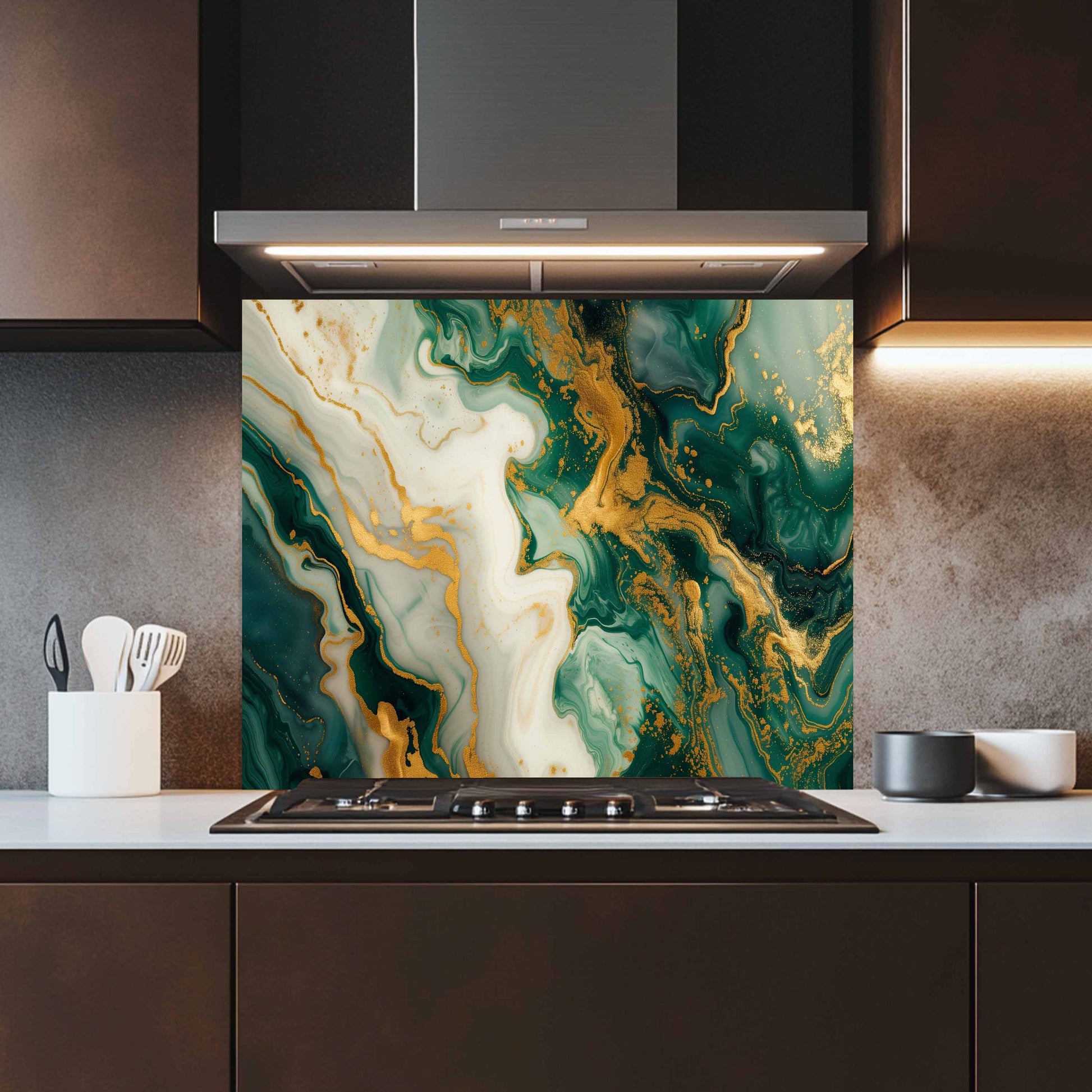 Kitchen with a decorative backsplash featuring green and gold marbled pattern.