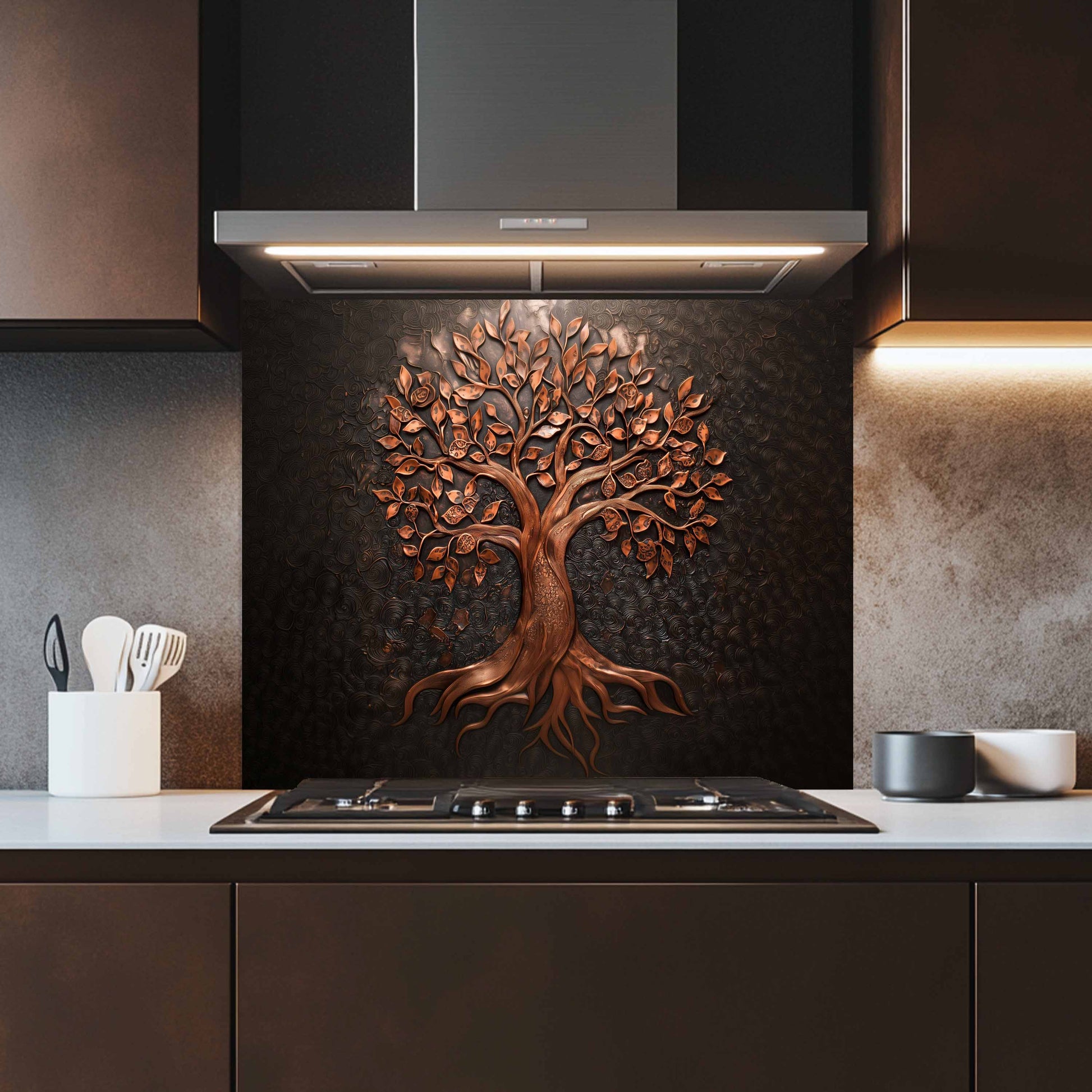 Kitchen with decorative tree wall art above a stove