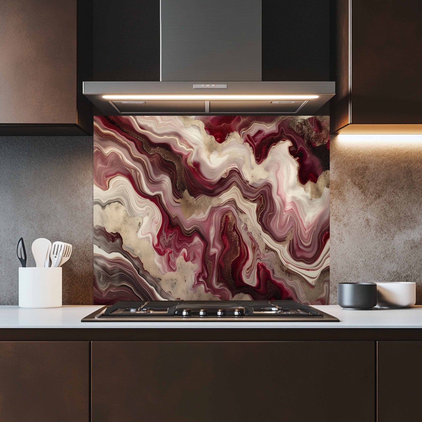 Kitchen with a decorative glass splashback featuring swirling red and beige patterns.