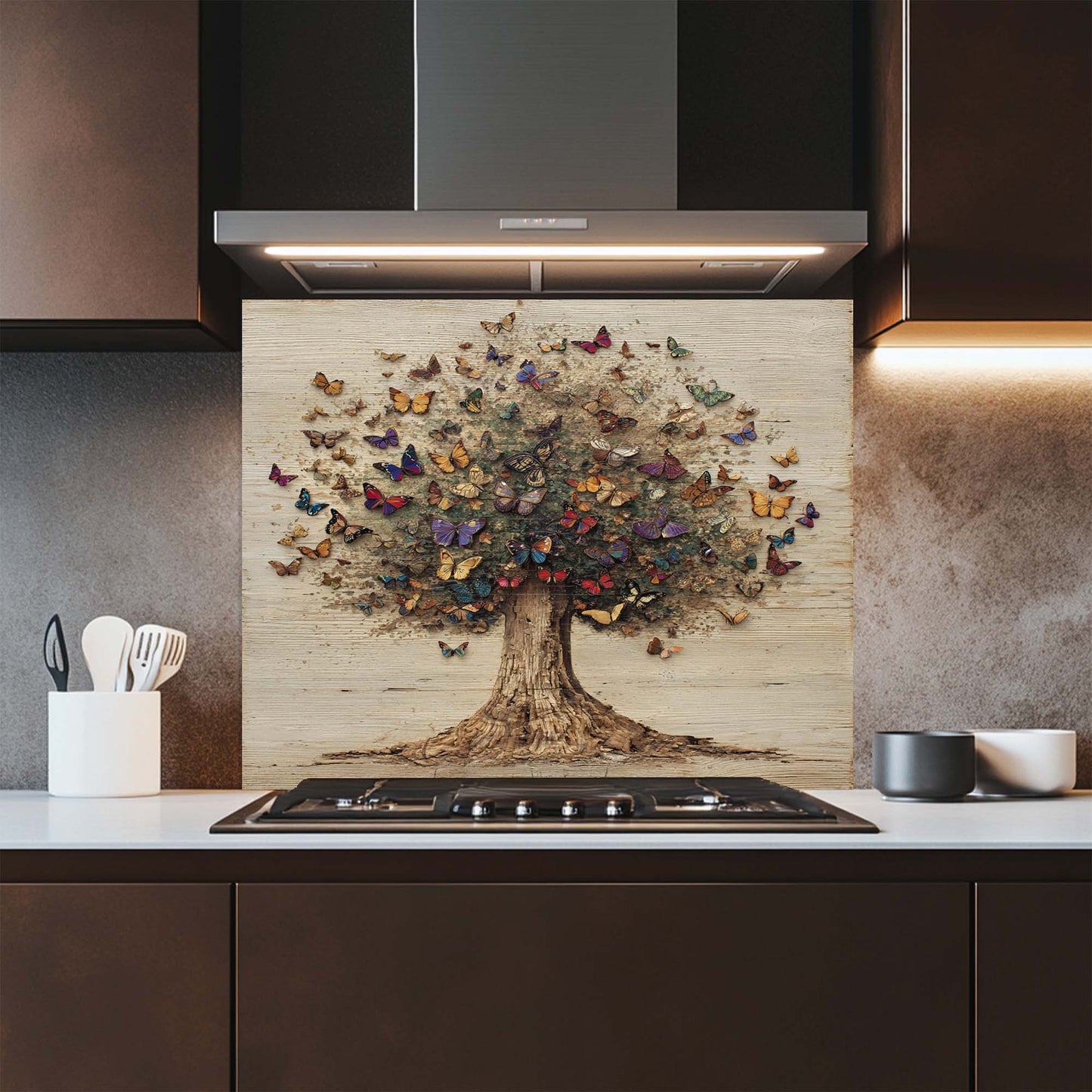 Butterfly Tree – Tempered Glass Backsplash for Kitchen | Colorful Tree of Life Backsplash