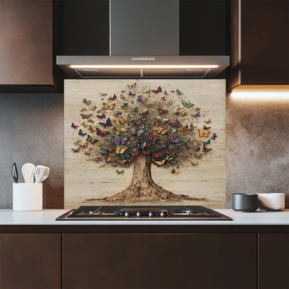 Butterfly Tree – Tempered Glass Backsplash for Kitchen | Colorful Tree of Life Backsplash