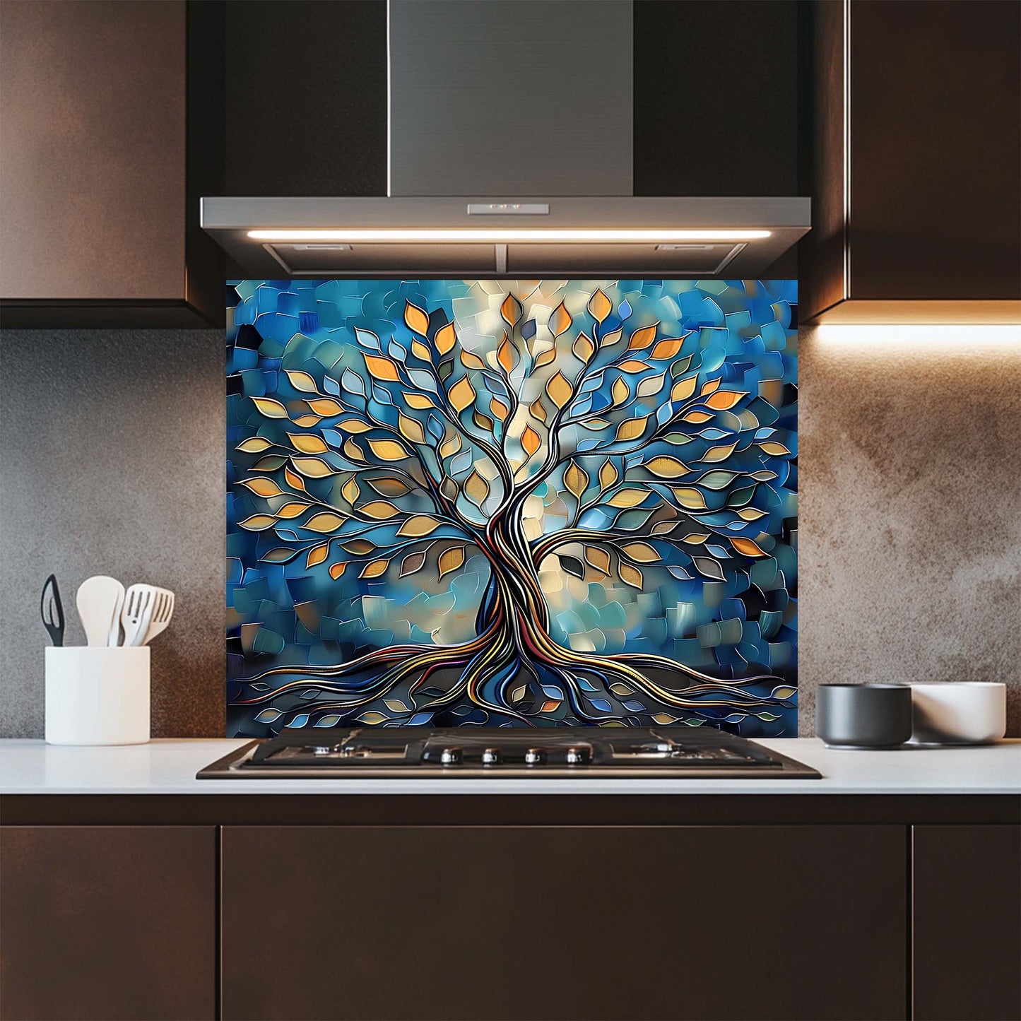 Kitchen with a decorative glass backsplash featuring a tree design.