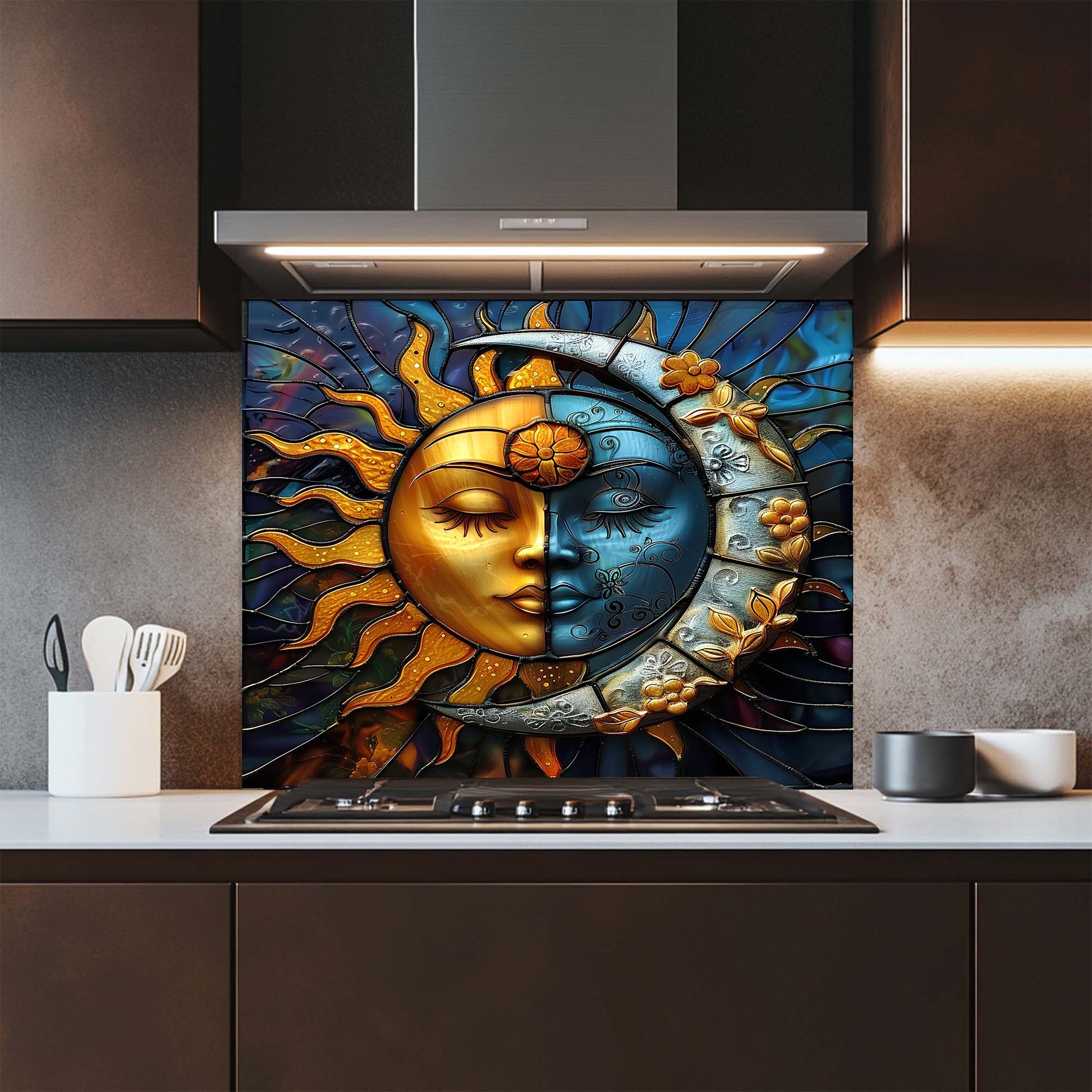 Decorative sun and moon design on a kitchen backsplash