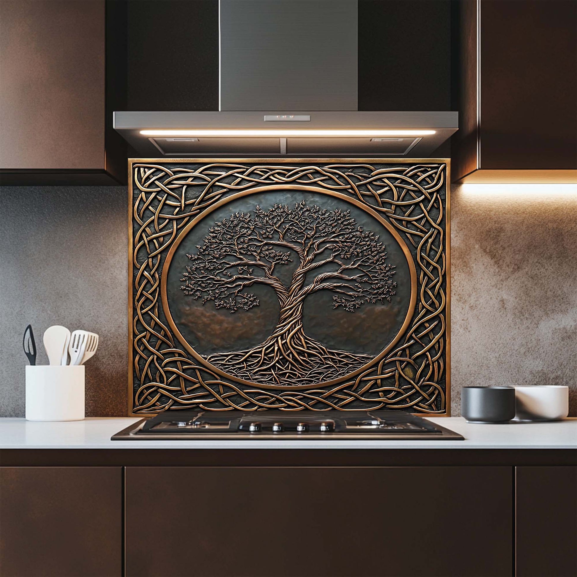 Decorative glass backsplash with tree design above a kitchen stove