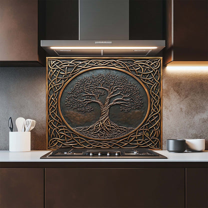 Decorative glass backsplash with tree design above a kitchen stove