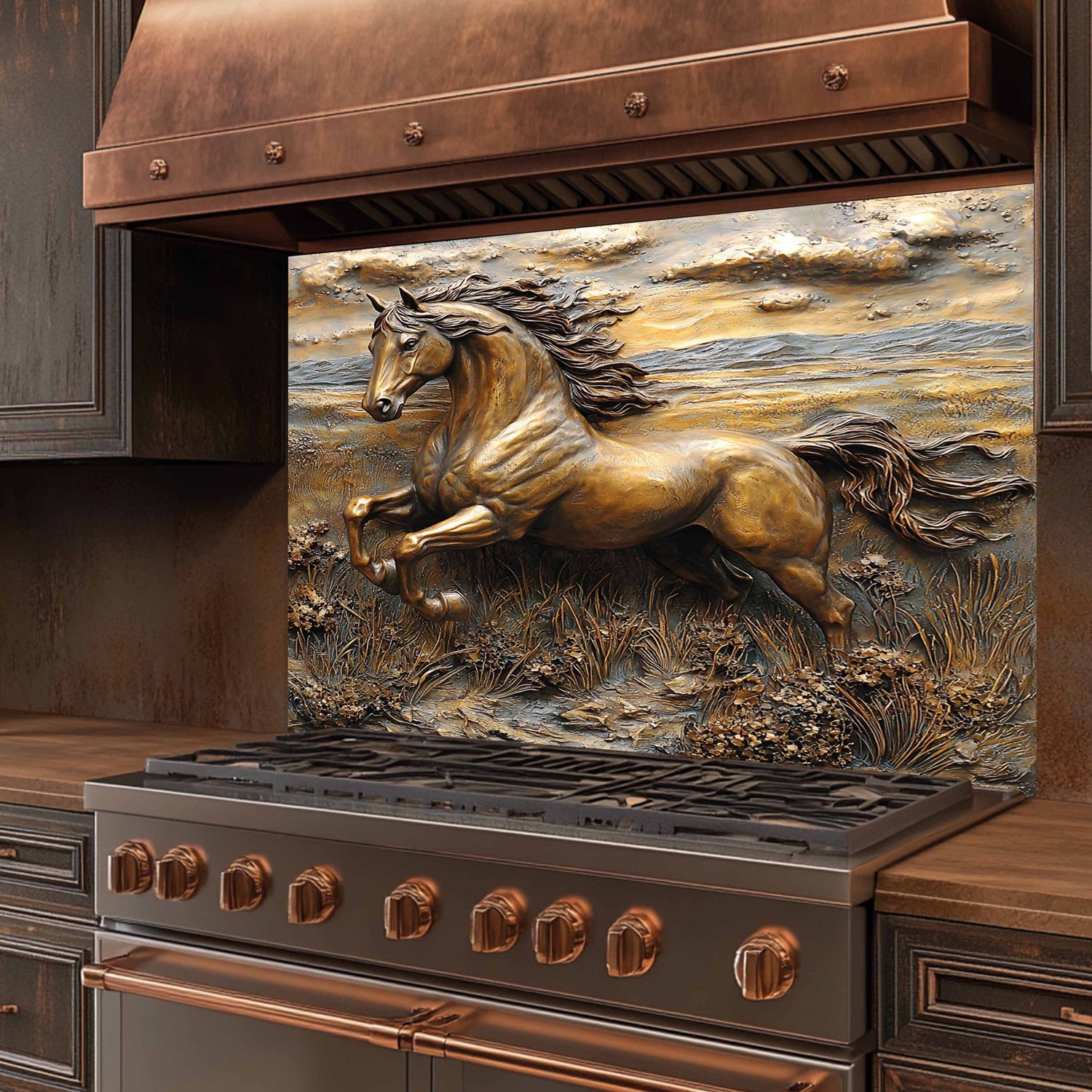 Stainless steel stove with copper accents featuring a horse artwork on the back splash.