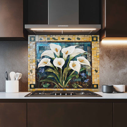 Kitchen with a decorative tile backsplash featuring white flowers.