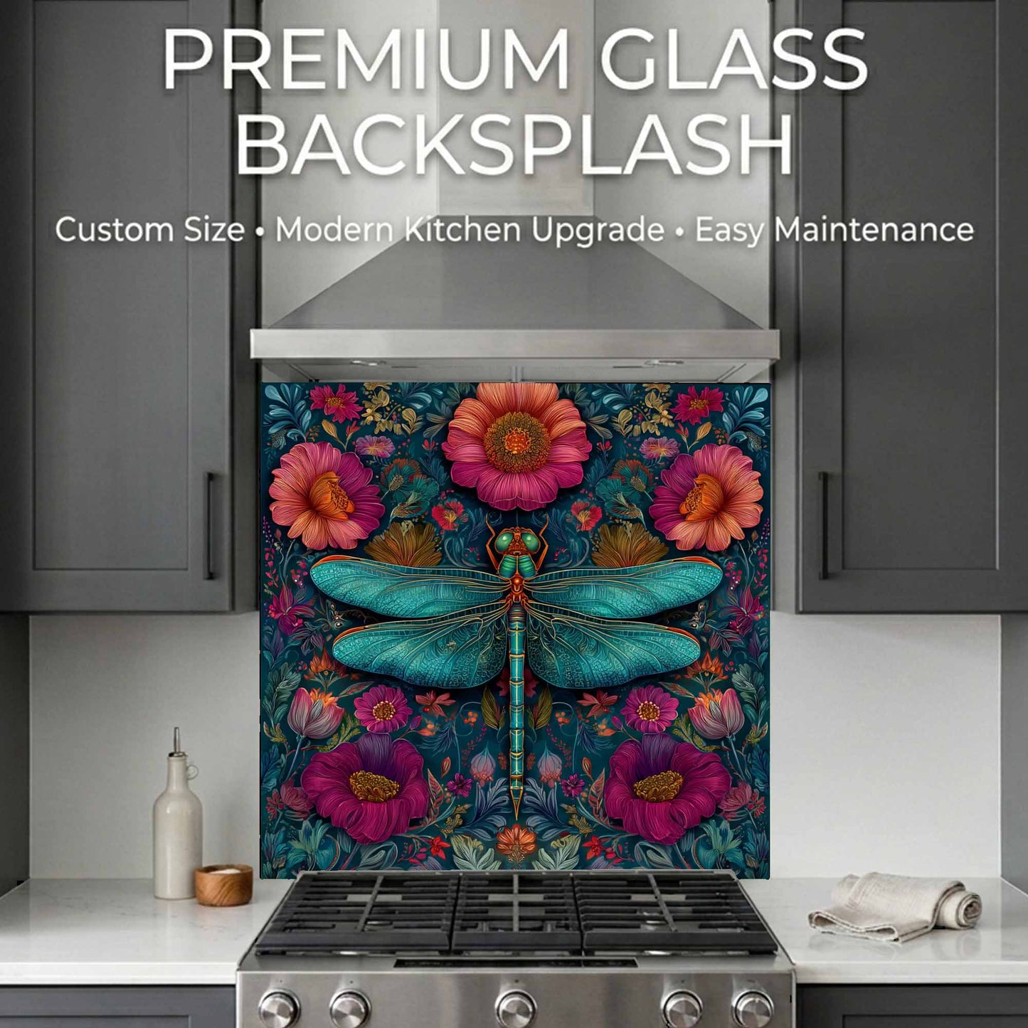 Decorative glass backsplash with floral and dragonfly design in a kitchen setting.