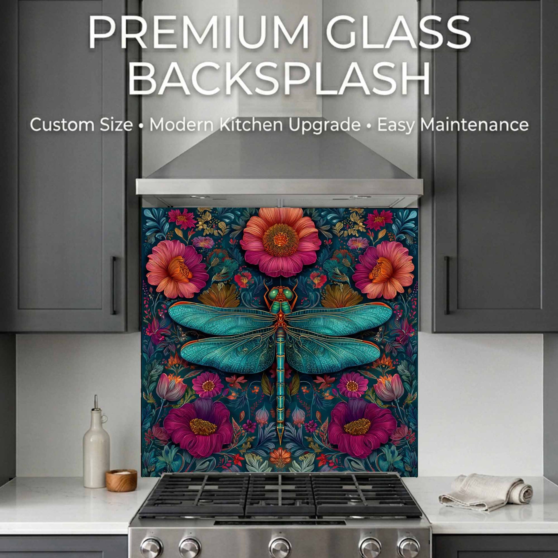 Decorative glass backsplash with floral and dragonfly design in a kitchen setting.
