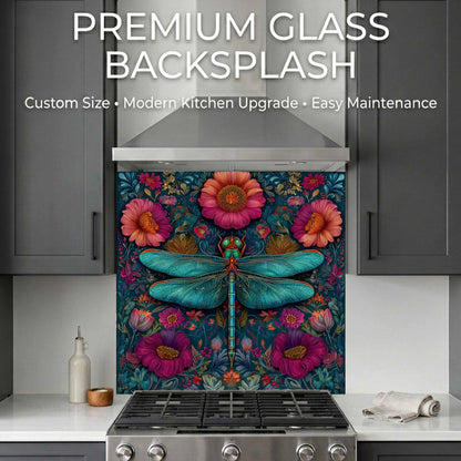Decorative glass backsplash with floral and dragonfly design in a kitchen setting.