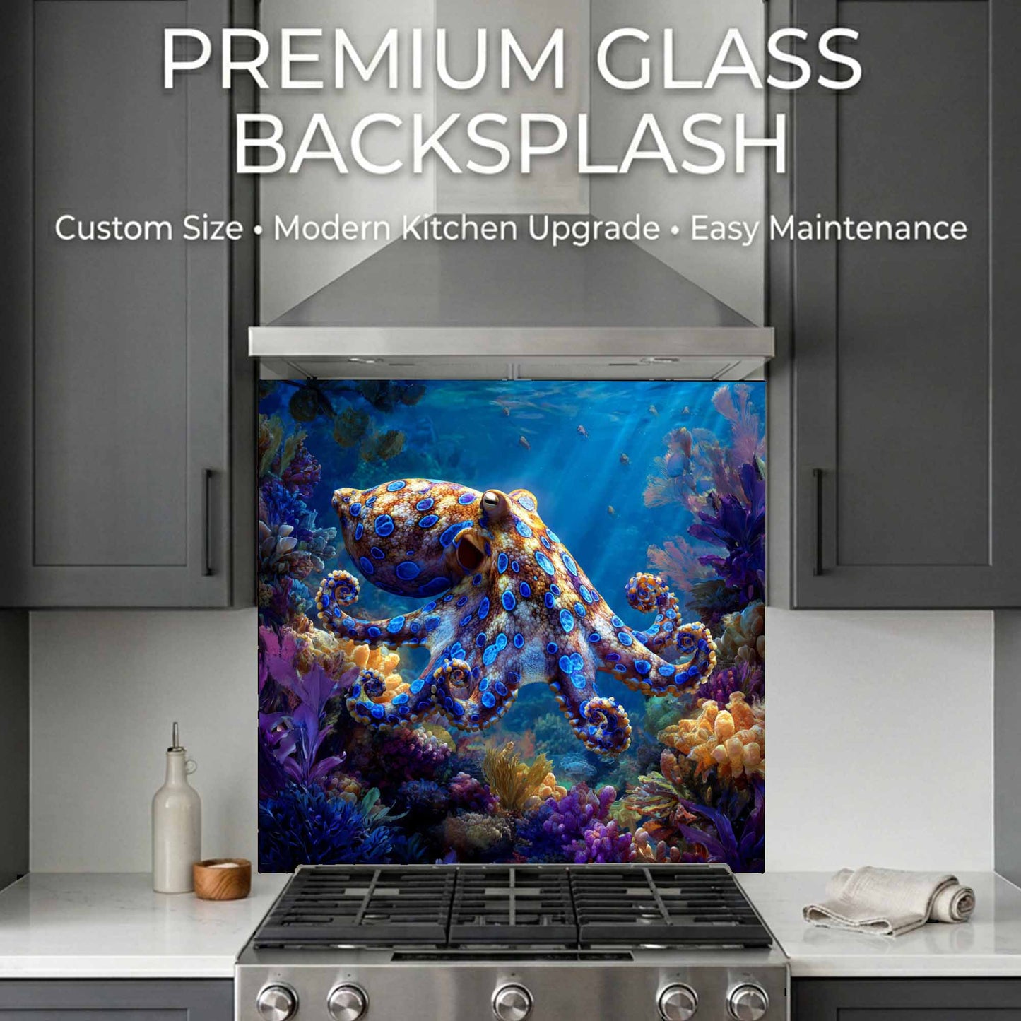 Glass backsplash with an octopus design in a kitchen setting