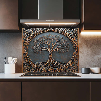 Decorative glass backsplash with a tree design above a kitchen stove.