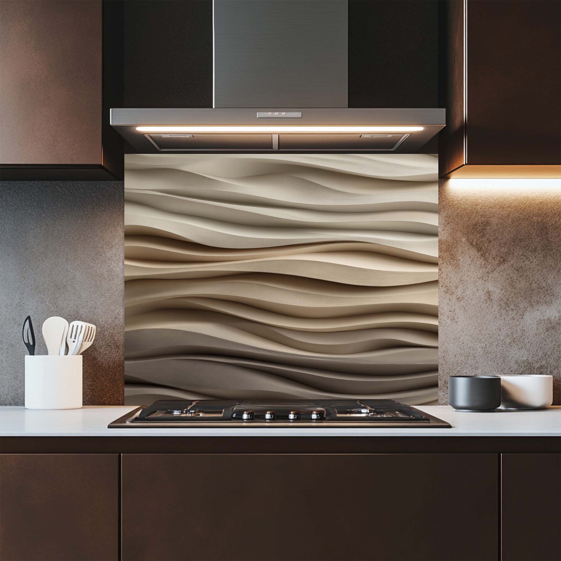 Modern kitchen with a decorative glass backsplash featuring wavy patterns.
