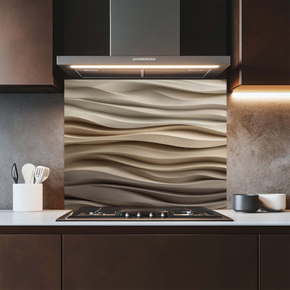 Modern kitchen with a decorative glass backsplash featuring wavy patterns.