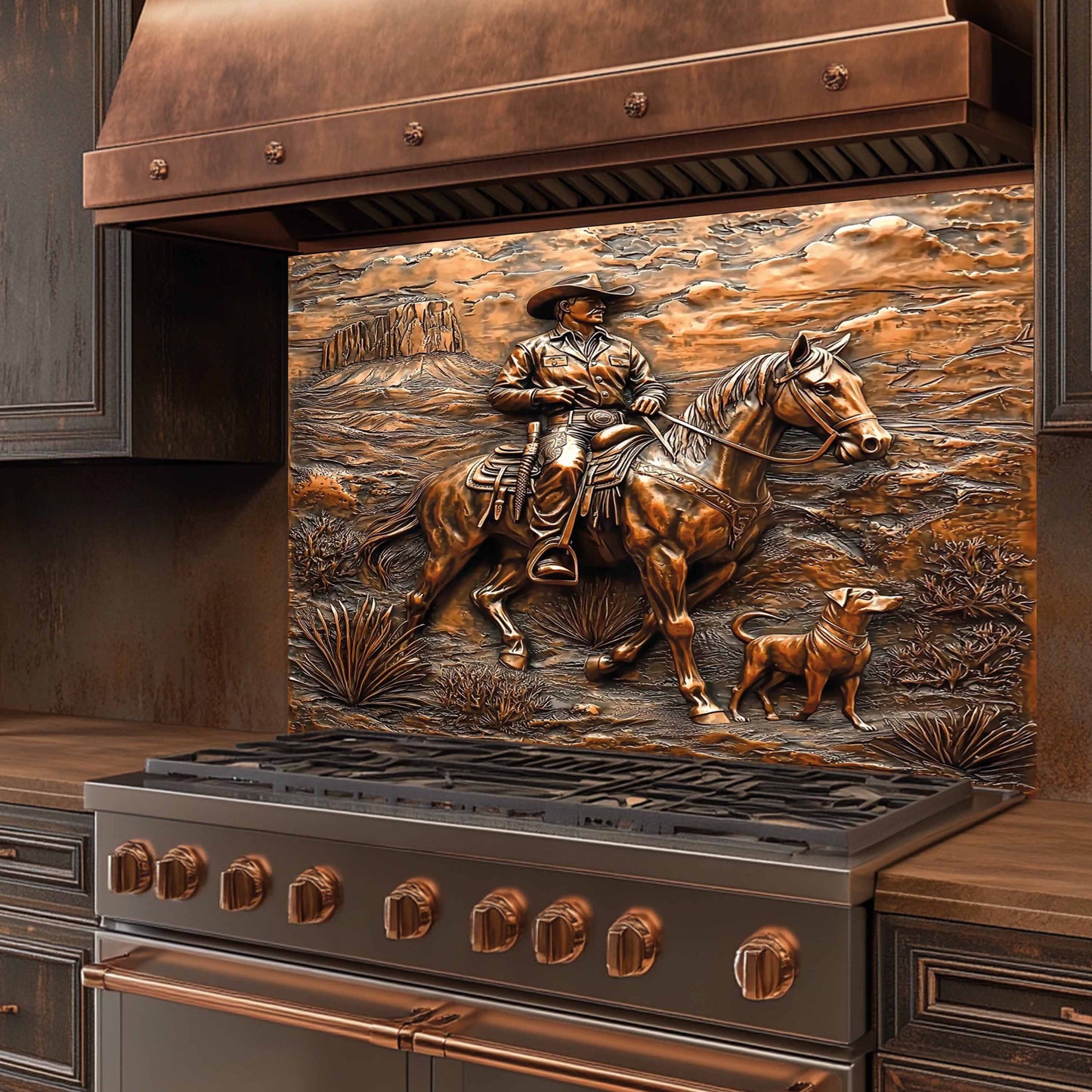 Decorative stove with a cowboy and horse design on the back splash