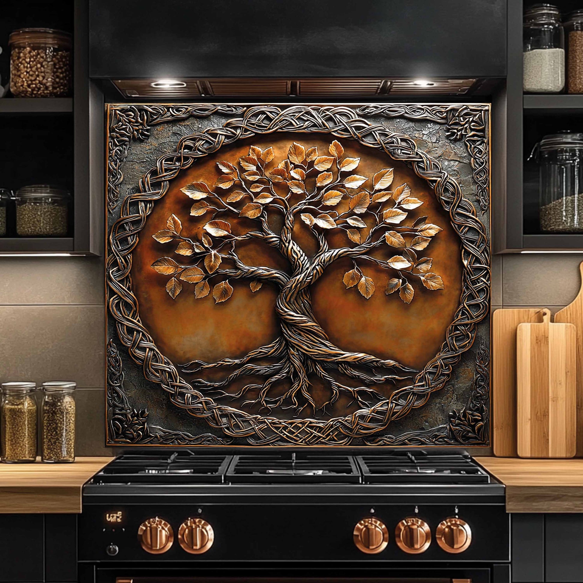Tempered glass backsplash with a tree design above a kitchen stove.