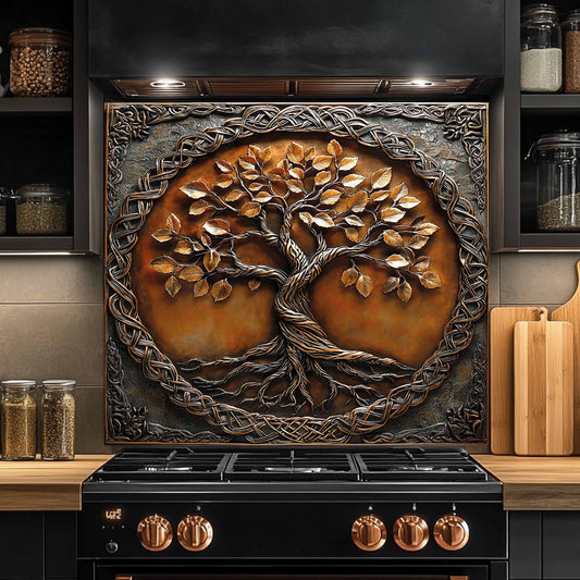 Tempered glass backsplash with a tree design above a kitchen stove.