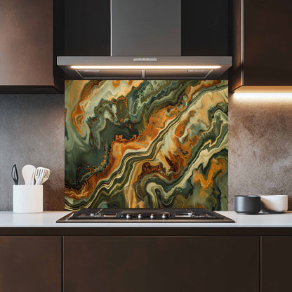 Kitchen with a decorative backsplash featuring swirling green and orange patterns.
