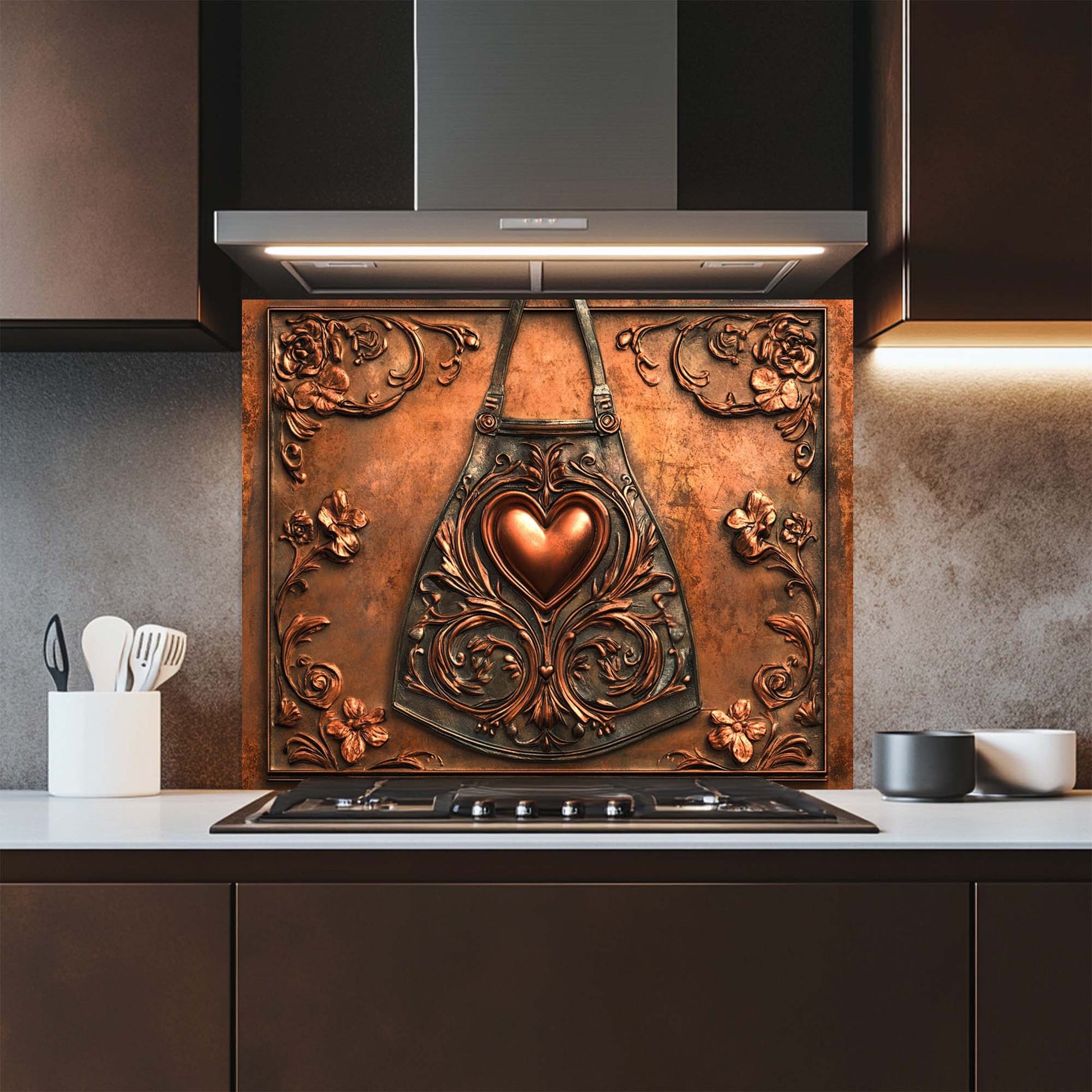 Decorative copper look glass backsplash with heart design in a kitchen setting