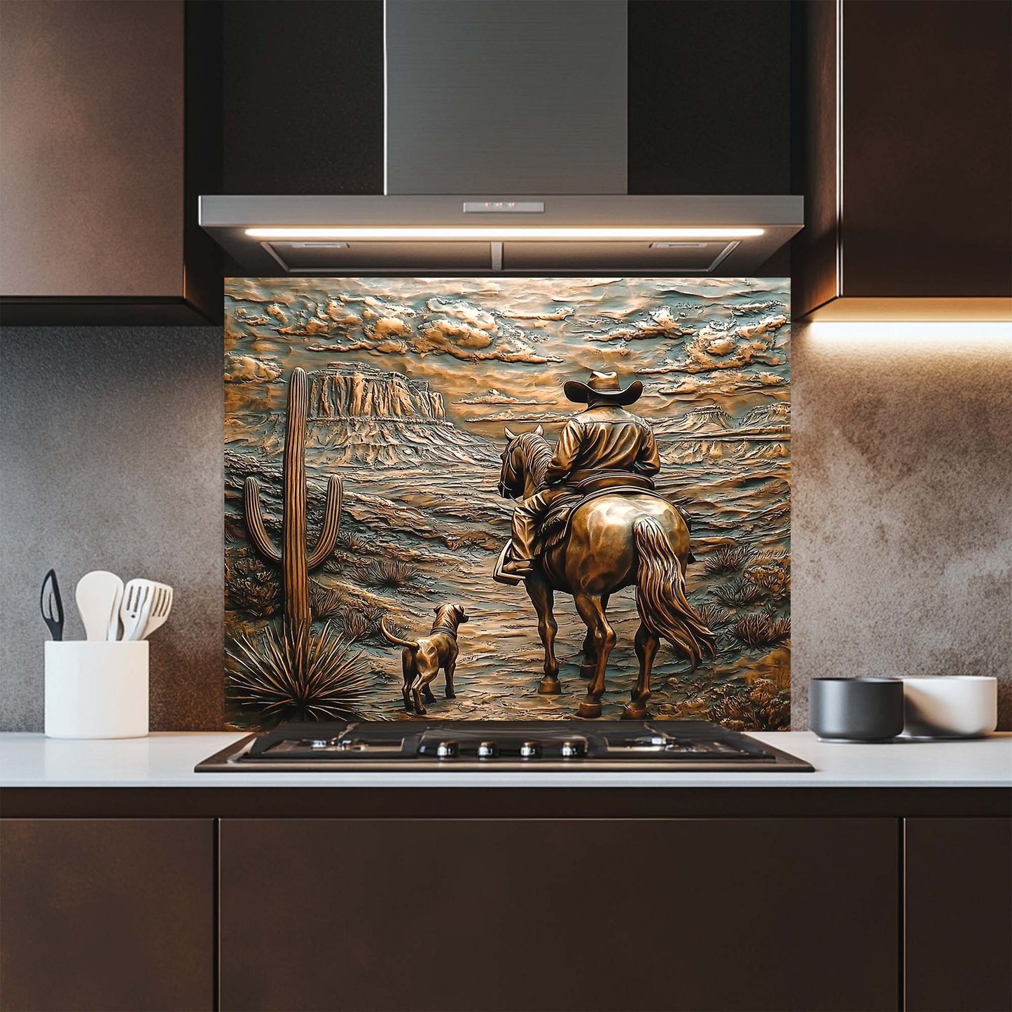 Decorative glass splashback with cowboy and horse design in a kitchen