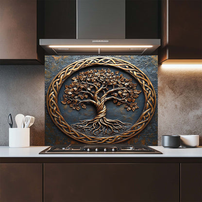 Decorative glass backsplash with a tree design in a modern kitchen