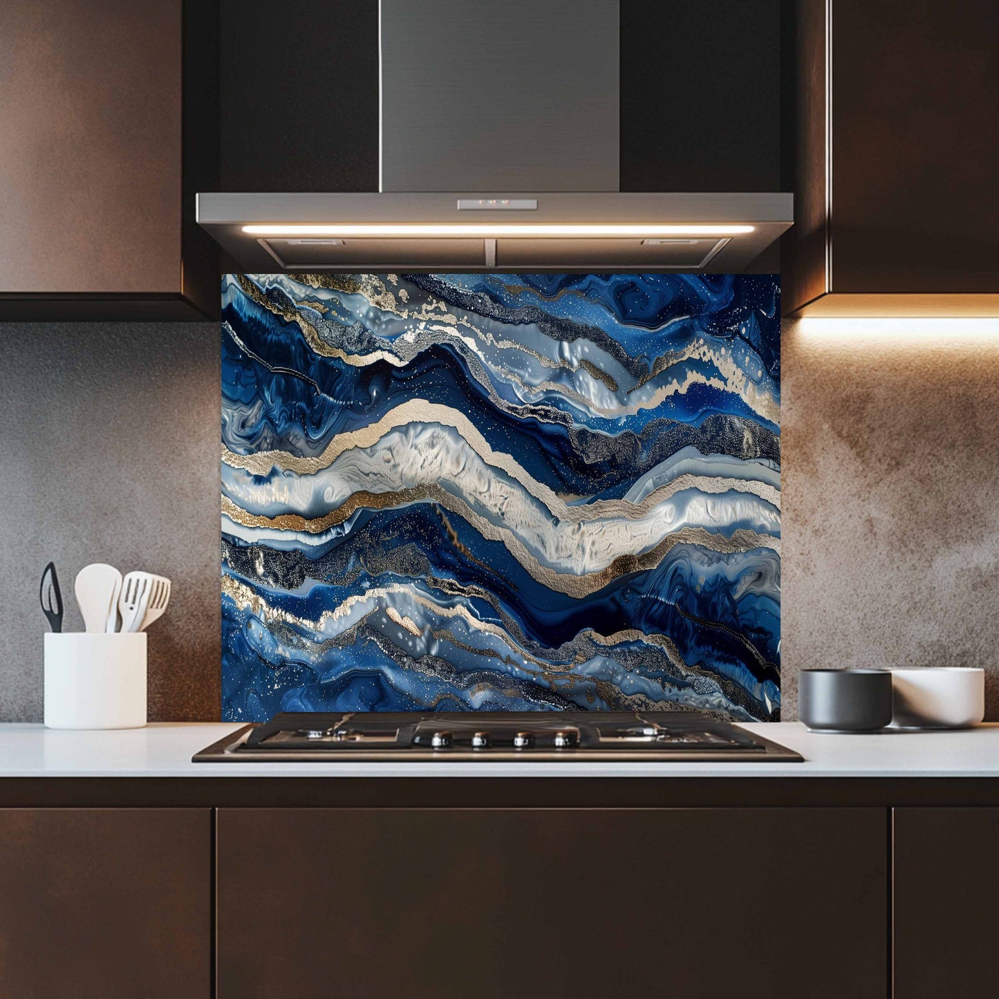 Kitchen with a blue marbled backsplash above a stove