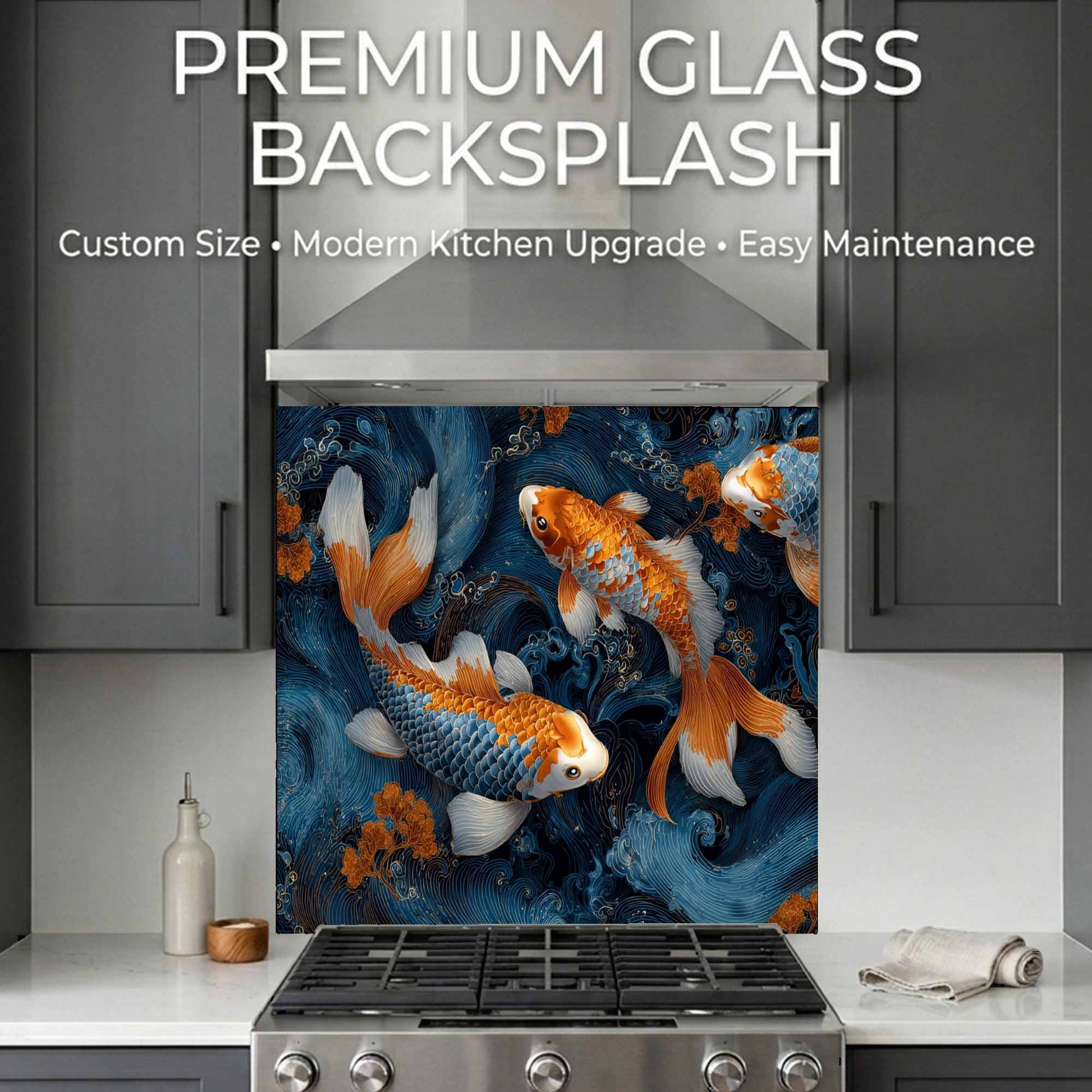 Koi fish design glass backsplash in a kitchen setting with text about customization, modern upgrade, and ease of maintenance.