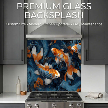 Koi fish design glass backsplash in a kitchen setting with text about customization, modern upgrade, and ease of maintenance.