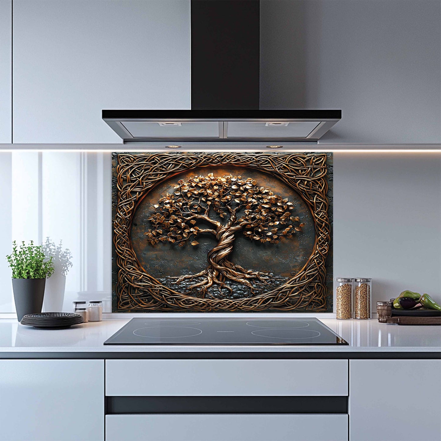 Decorative backsplash with tree design above a kitchen stove
