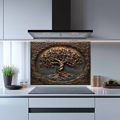 Decorative backsplash with tree design above a kitchen stove