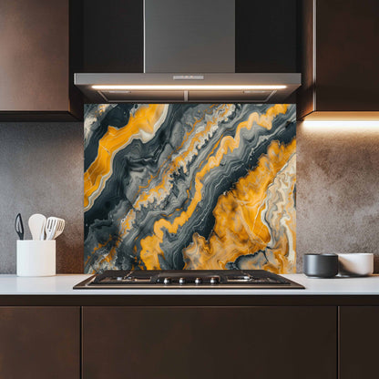Kitchen with a modern stove and abstract patterned backsplash