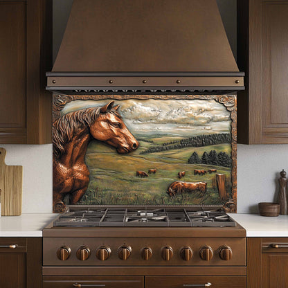 Decorative stove glass backsplash with horse and landscape design in a kitchen setting