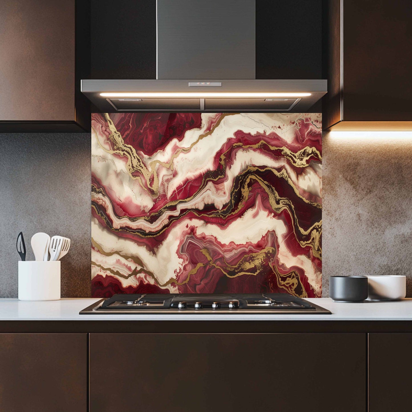 Kitchen with a decorative backsplash featuring red and gold marbled pattern.