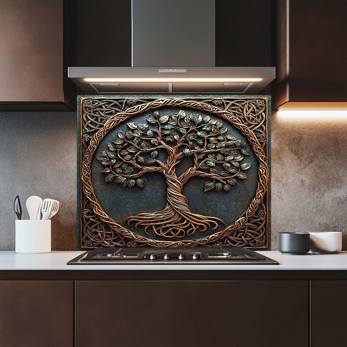 Decorative glass backsplash with a tree design above a kitchen stove.
