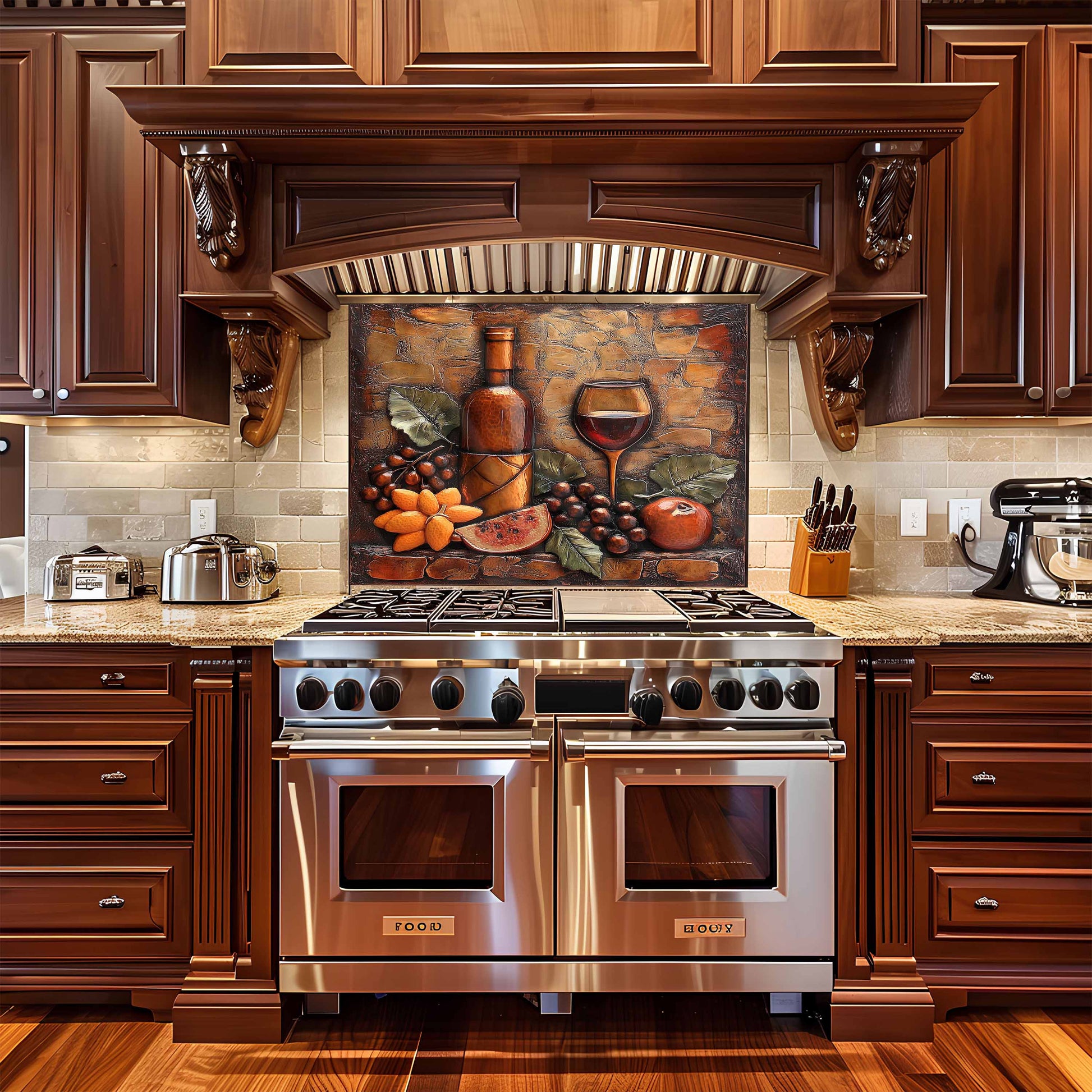 Stainless steel oven in a kitchen with wooden cabinets and decorative backsplash.