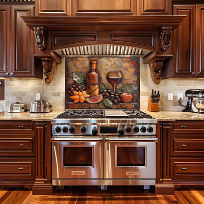 Stainless steel oven in a kitchen with wooden cabinets and decorative backsplash.