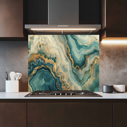 Kitchen with a decorative glass splashback featuring a green and gold agate design.