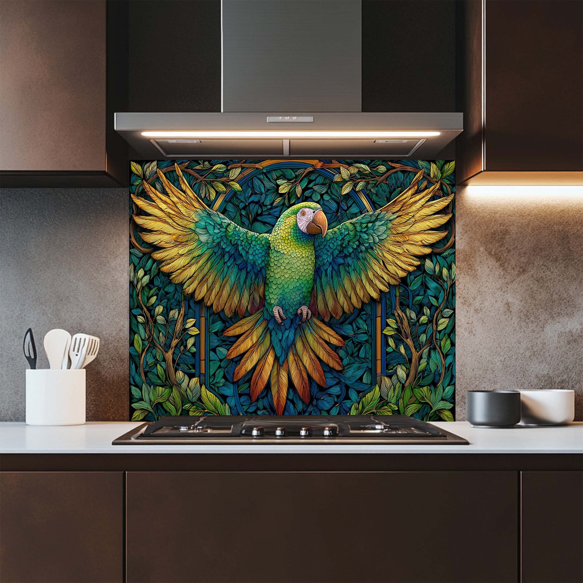 Kitchen with a colorful parrot design on a glass backsplash