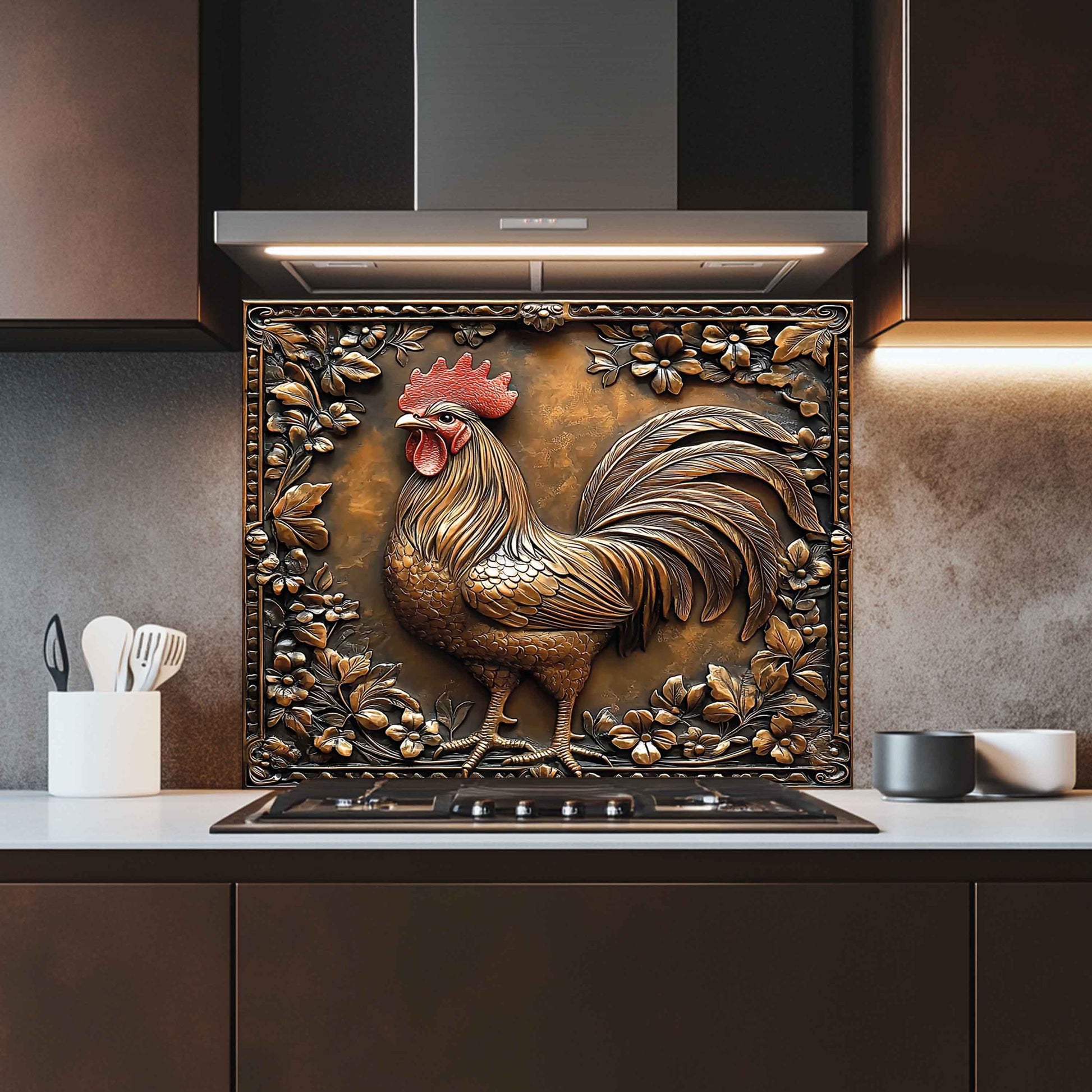 Decorative backsplash with a rooster design in a rustic kitchen setting