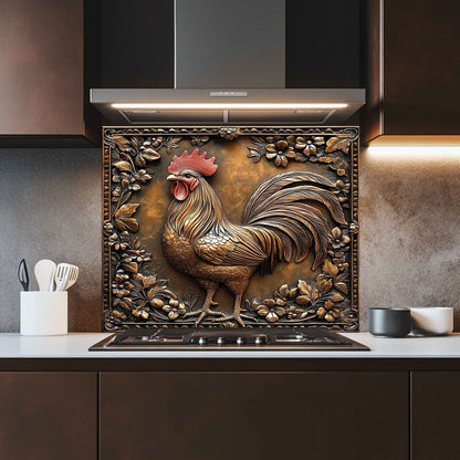 Decorative backsplash with a rooster design in a rustic kitchen setting